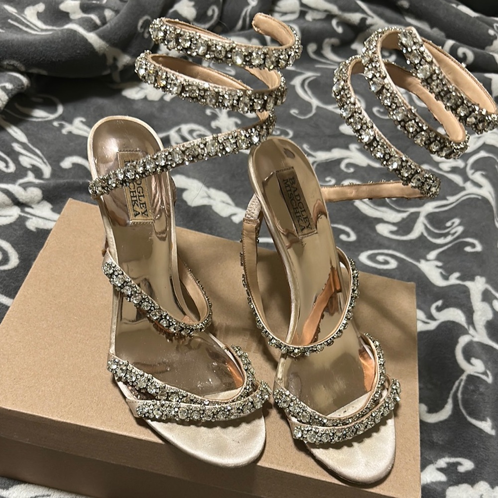 Badgley Mischka  Silver Stiletto Heels with Rhinestone Straps